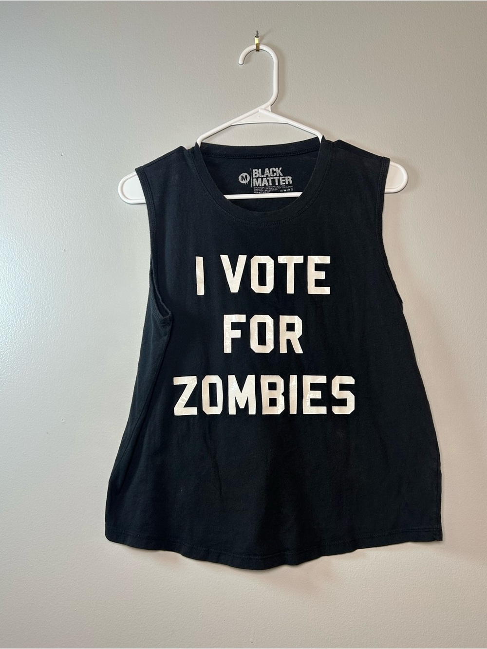 Black Matter Black Muscle Tee with White "I Vote For Zombies" Graphic